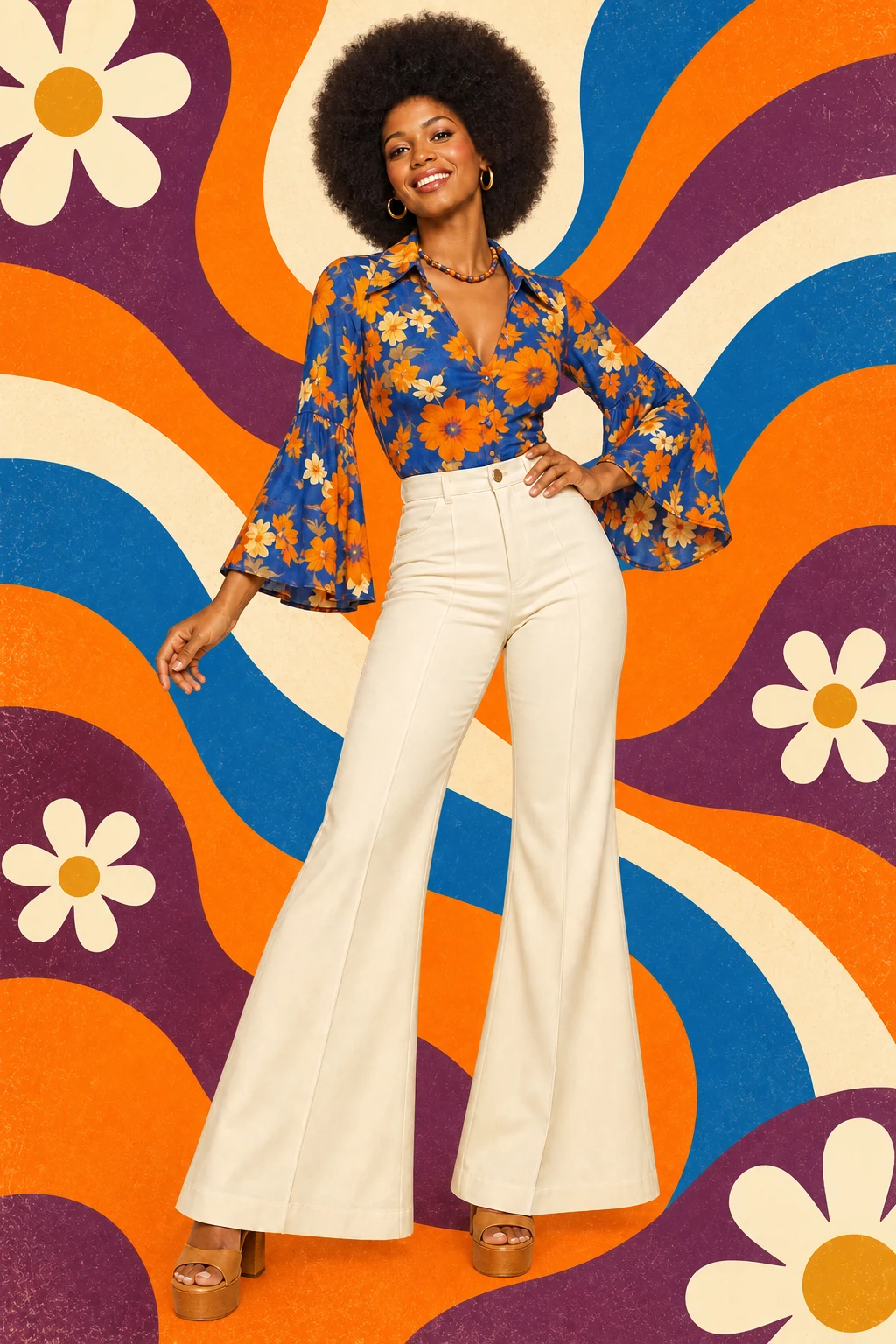 Woman in a blue floral 1970s outfit against a colourful retro background